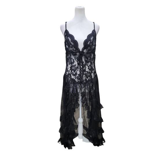 Women's Gorgeous Sheer‎ Black Lace Underwire Corset Teddy with Ruffle Train - Picture 1 of 11